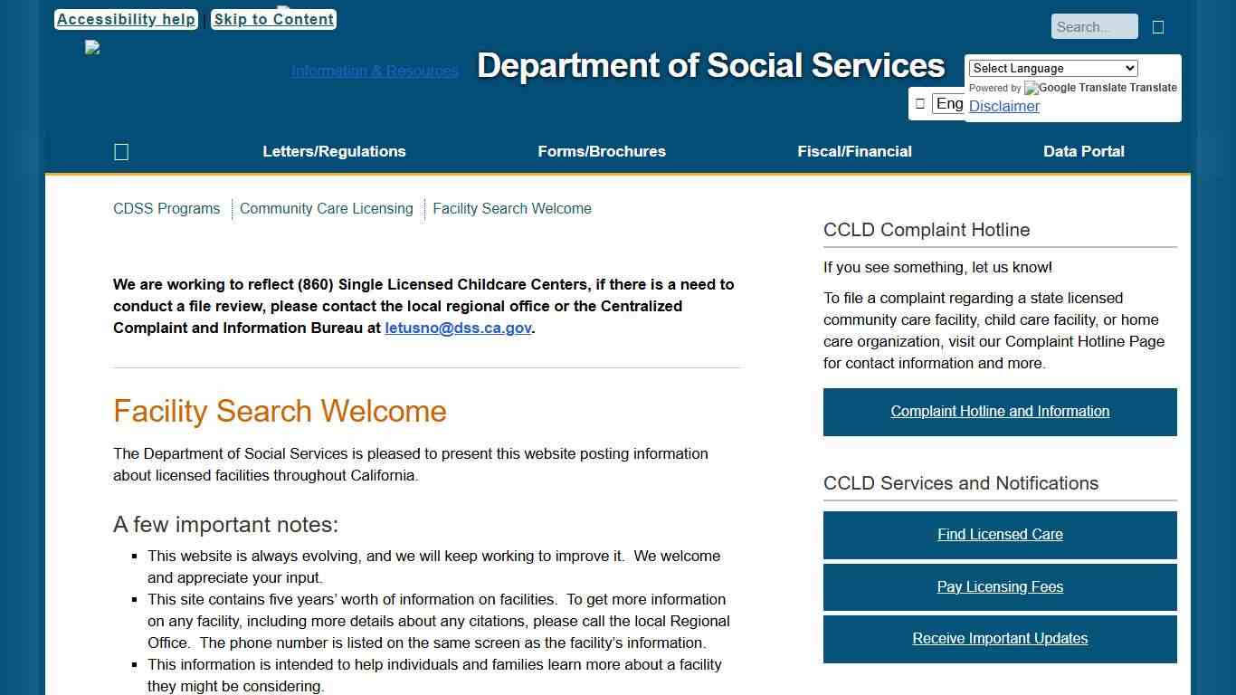 Facility Search Welcome